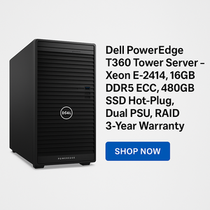 ديل PowerEdge T360 – معالج Xeon، رام ECC 16GB DDR5، قرص SSD 480GB Hot-Plug، مزود طاقة مزدوج، ضمان 3 سنوات