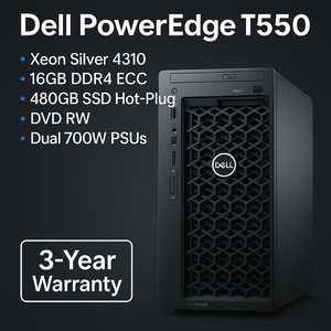 Dell PowerEdge T550 – Xeon Silver 4310، قرص SSD 480GB، رام 16GB ECC، دعم RAID، مزود طاقة مزدوج، ضمان 3 سنوات