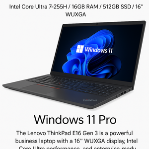 Lenovo ThinkPad E16 – لابتوب أعمال احترافي بمعالج Intel Core Ultra 7-255H، ذاكرة 16GB، قرص 512GB SSD، شاشة 16 بوصة WUXGA، نظام Windows 11 Pro (عربي)