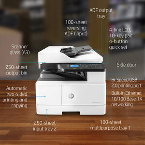 طابعة HP LaserJet MFP M443nda متعددة المهام – أداء عالي للطباعة والمسح الضوئي والنسخ حتى حجم A3