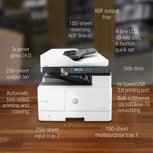 طابعة HP LaserJet MFP M443nda متعددة المهام – أداء عالي للطباعة والمسح الضوئي والنسخ حتى حجم A3